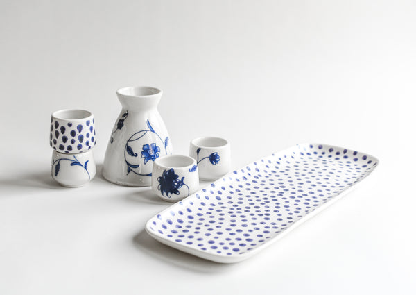 Blue Floral and Dots Porcelain Carafe & Cup Set with Tray