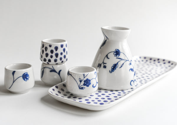 Blue Floral and Dots Porcelain Carafe & Cup Set with Tray