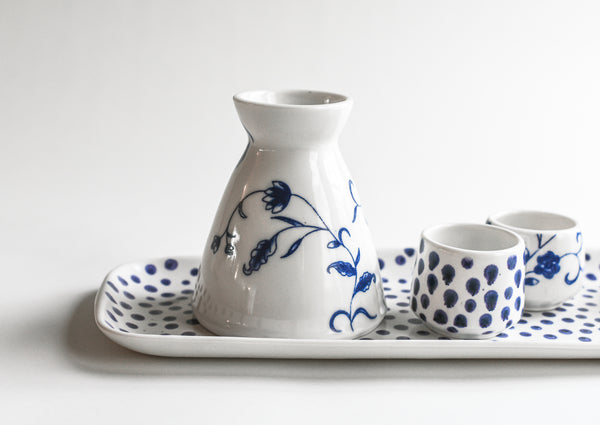 Blue Floral and Dots Porcelain Carafe & Cup Set with Tray