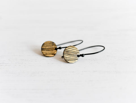striped sun oxidized fine silver and fused gold earrings by Kathi Roussel