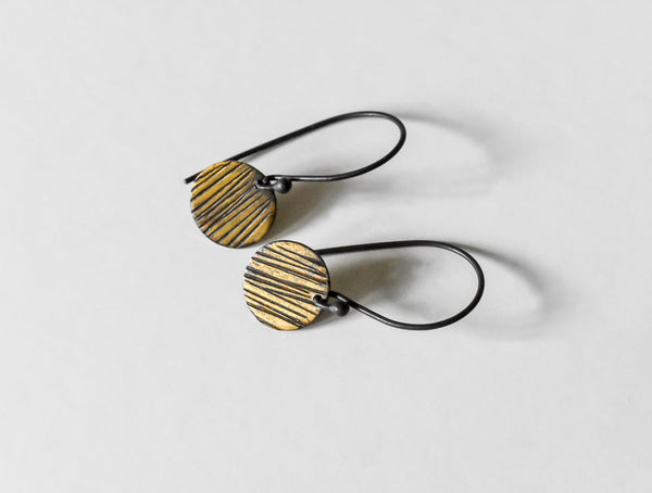 textured striped sun oxidized fine silver and fused gold earrings by Kathi Roussel
