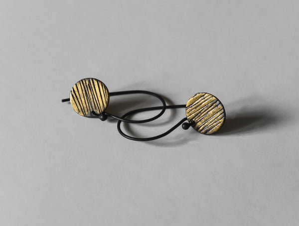 handmade striped sun oxidized fine silver and fused gold earrings by Kathi Roussel