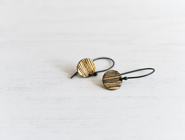 striped sun textured handmade oxidized fine silver and fused gold earrings by Kathi Rousselt