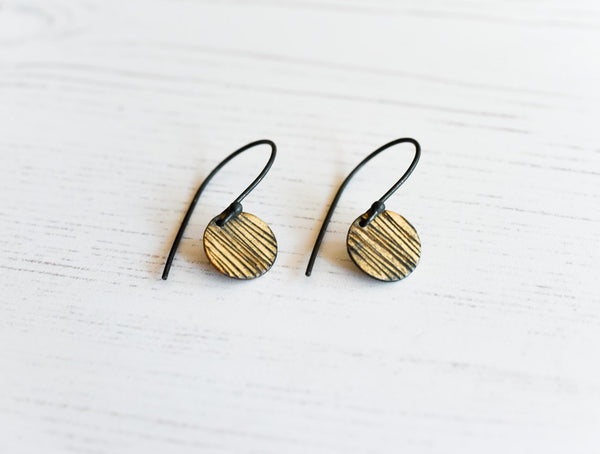 striped sun oxidized fine silver and fused gold earrings by Kathi Roussel