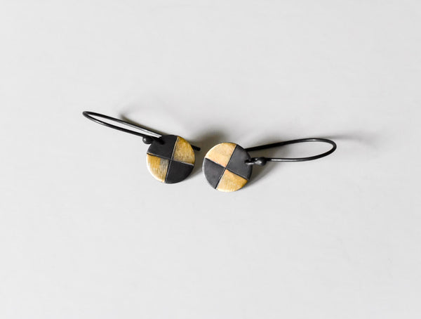 handmade sun rays earrings made of oxidized fine silver and fused 23 kt gold
