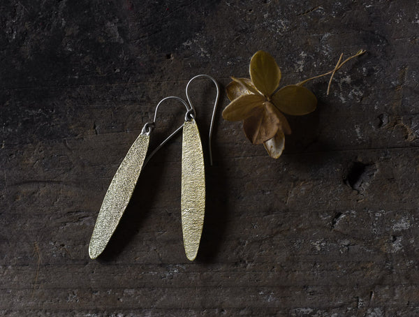 simple leaf hand made textured brass earrings by Kathi Roussel