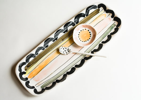 Porcelain Stripes and Arches Serving Tray With Salt Cellar & Spoon