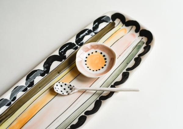 Porcelain Stripes and Arches Serving Tray With Salt Cellar & Spoon