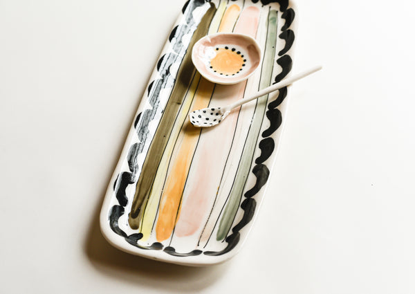 Porcelain Stripes and Arches Serving Tray With Salt Cellar & Spoon