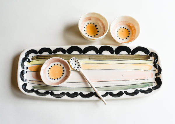 Porcelain Stripes and Arches Serving Tray With Salt Cellar & Spoon