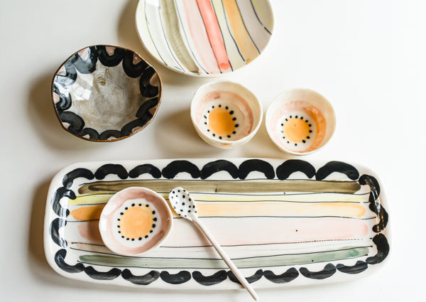 Porcelain Stripes and Arches Serving Tray With Salt Cellar & Spoon