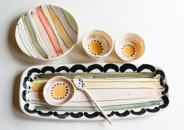 Porcelain Stripes and Arches Serving Tray With Salt Cellar & Spoon