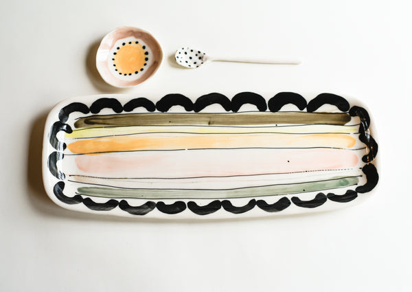 Porcelain Stripes and Arches Serving Tray With Salt Cellar & Spoon