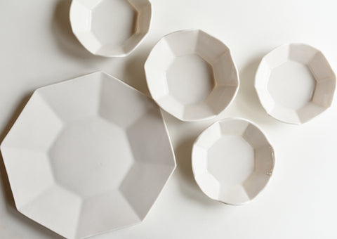 Faceted White Porcelain Plate & Bowl Set - Set of Five