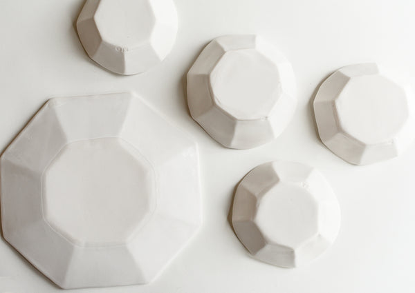 Faceted White Porcelain Plate & Bowl Set - Set of Five